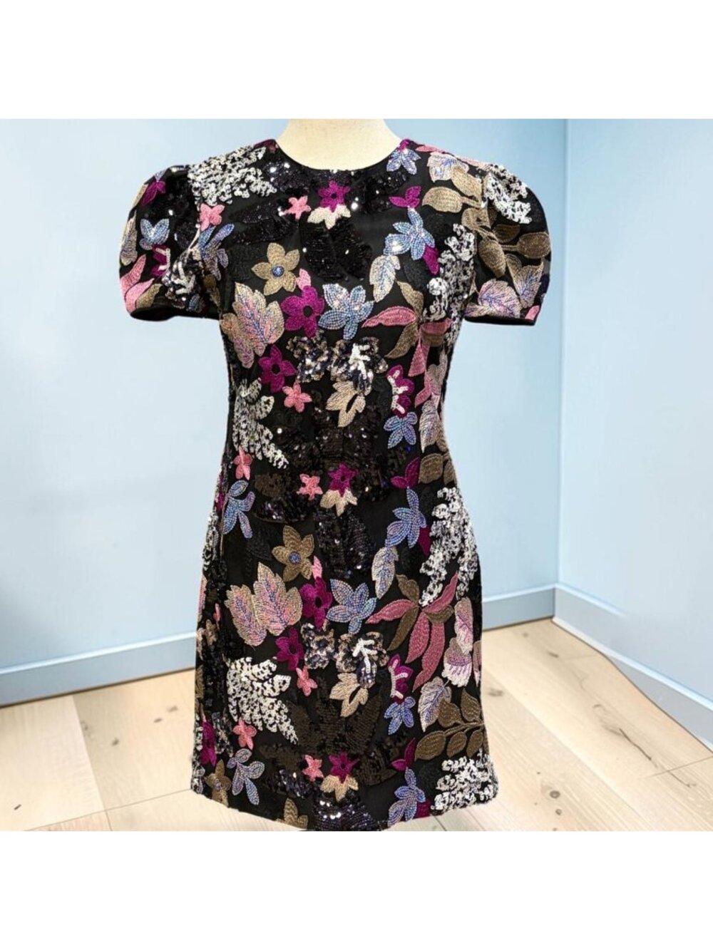 Helsi Coco Black Sequin Floral Embroidered Puff Sleeve Mini Dress Size XS